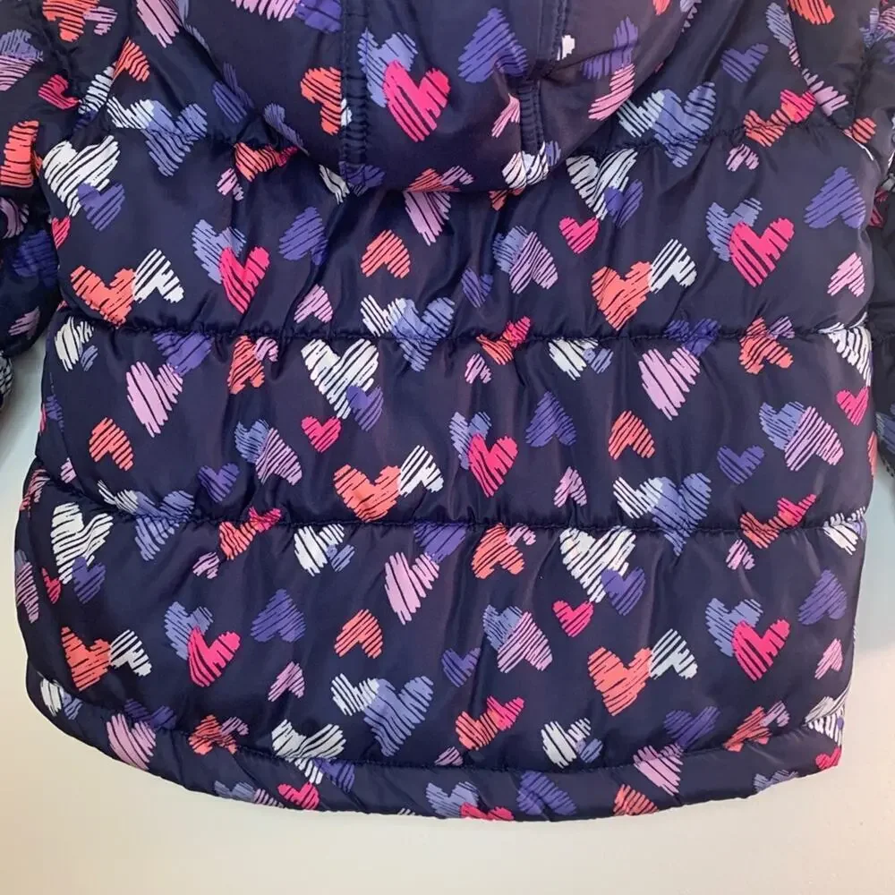 OSHKOSH B’GOSH Girl’s Navy Puffer Coat with Hearts & Fleece Lining / Size: 3T
